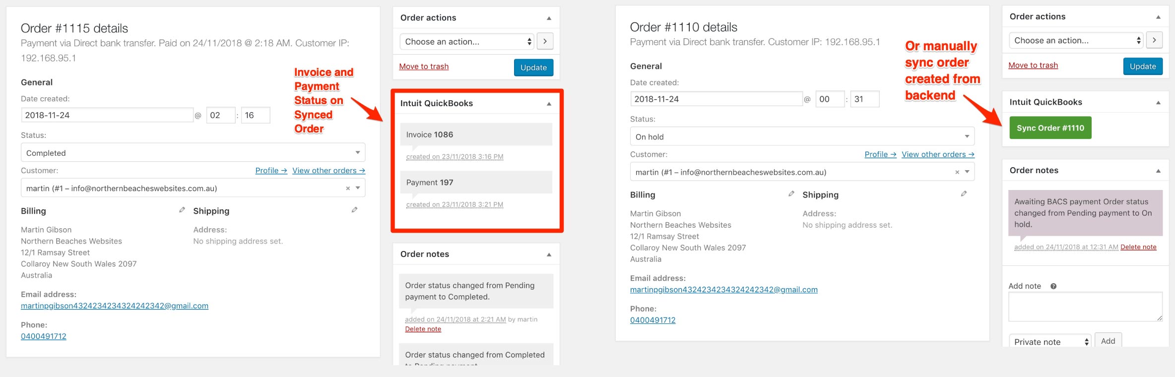 WooCommerce to Intuit QuickBooks Order Page Functions