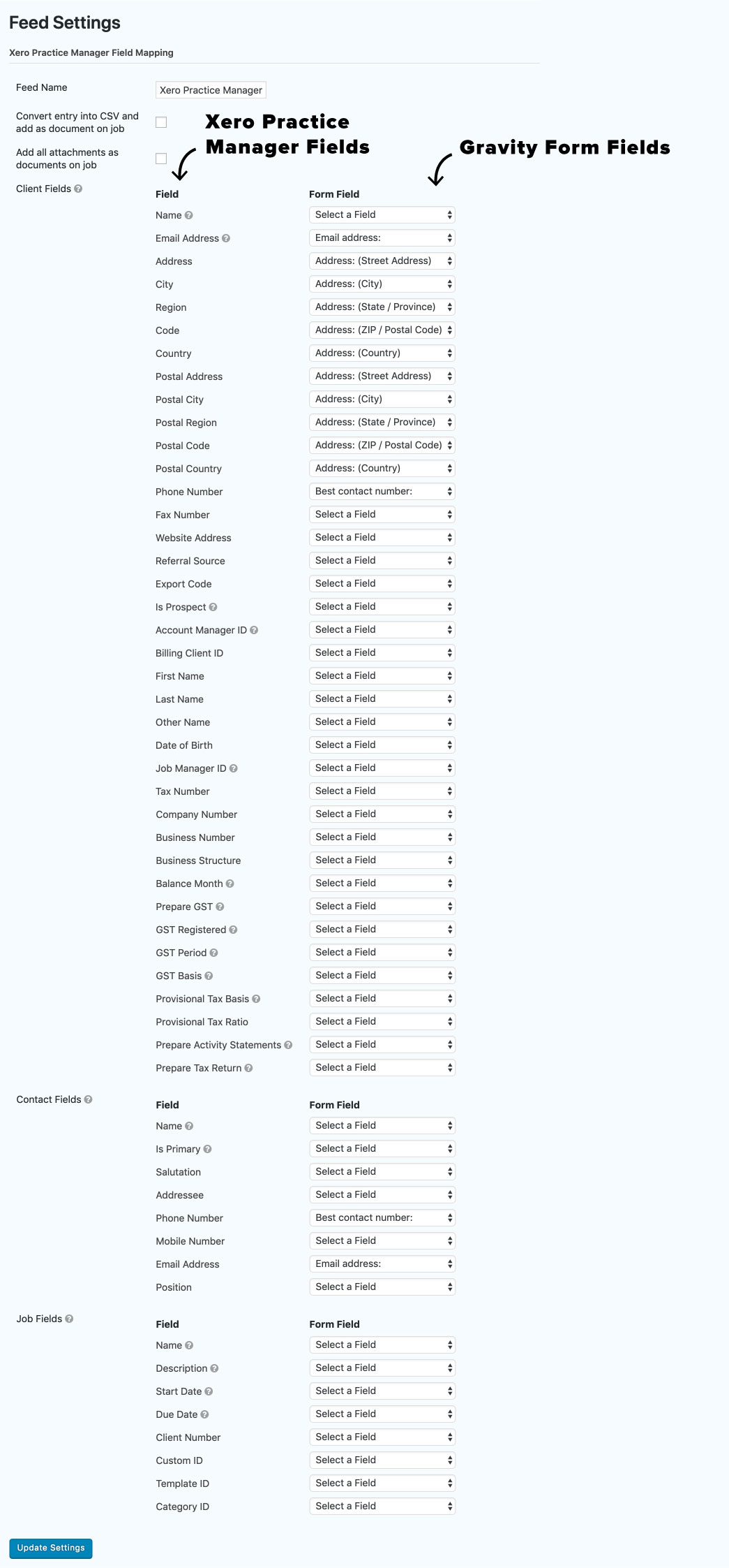 Gravity Forms to Xero Practice Manager Field Mapping