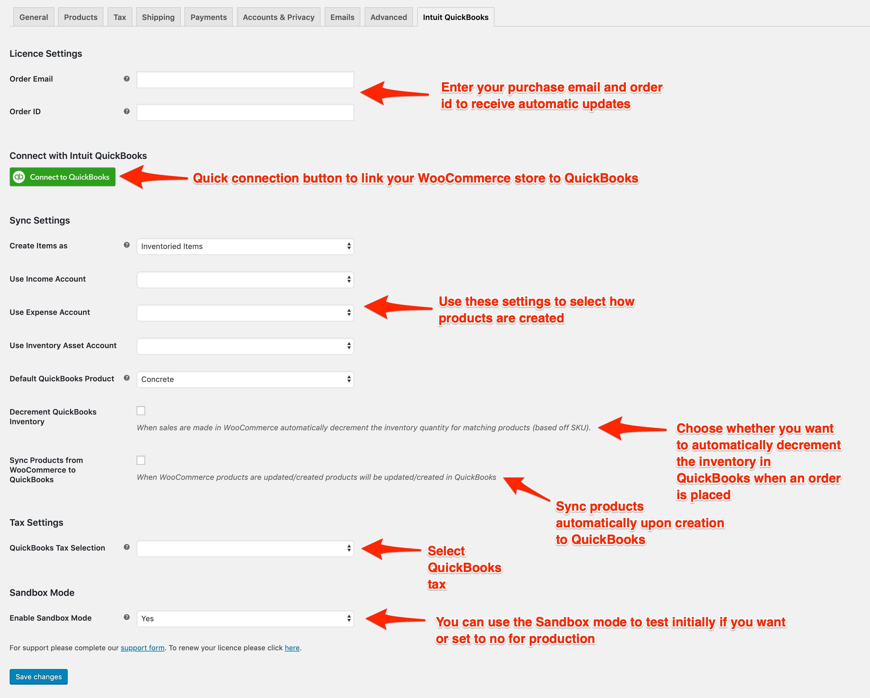 woocommerce to intuit quickbooks plugin settings